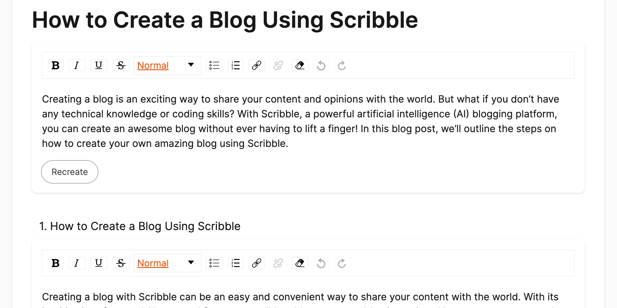 Content editor with generated paragraphs and formatting tools