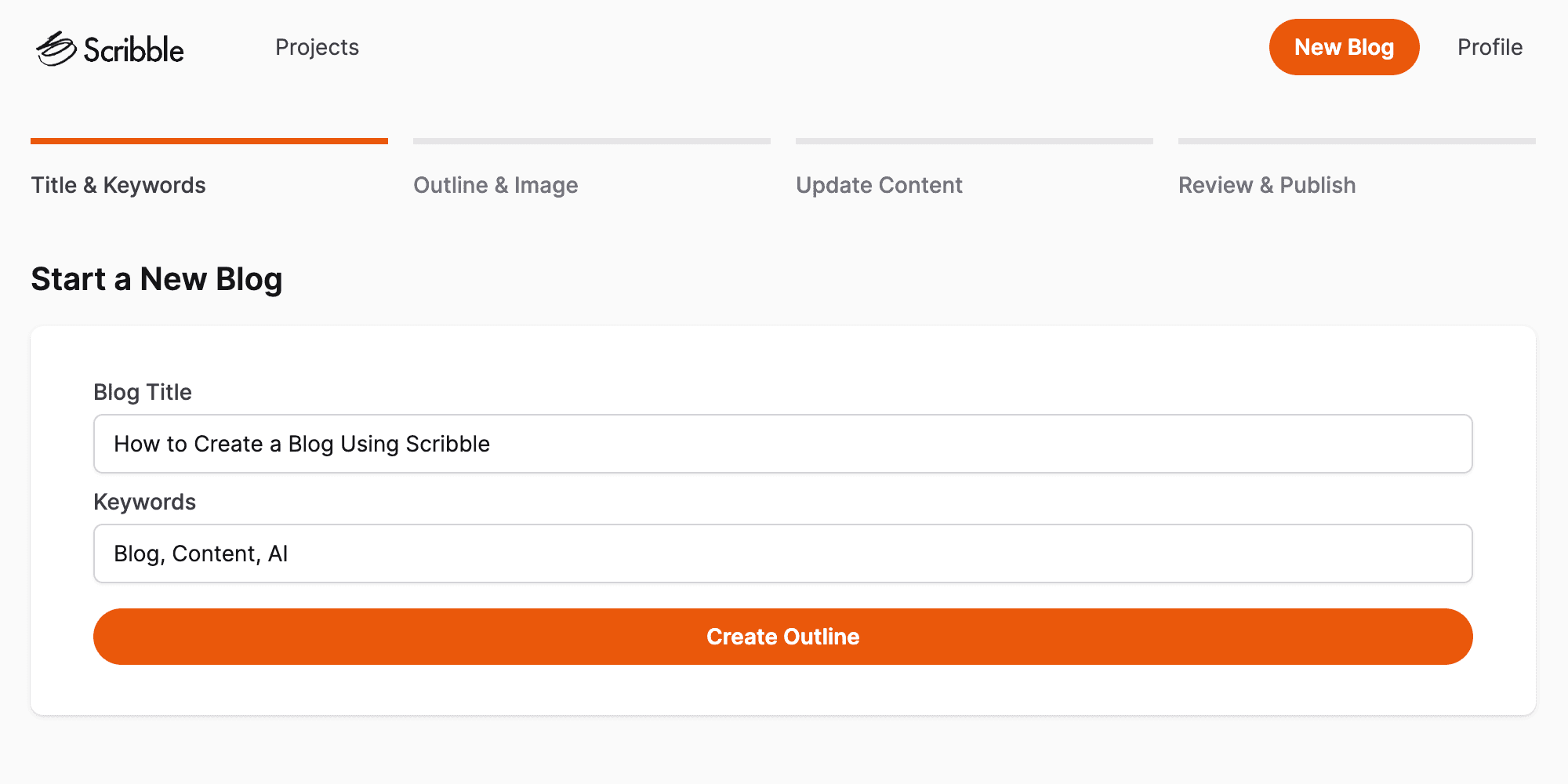 Scribble's new blog screen showing a title, generated SEO keywords, and a hero image