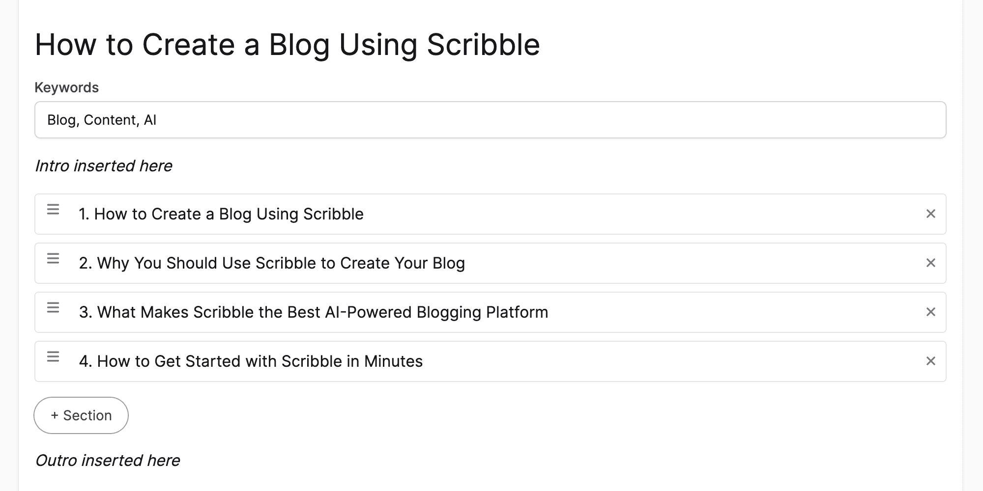 Outline screen with draggable section headlines